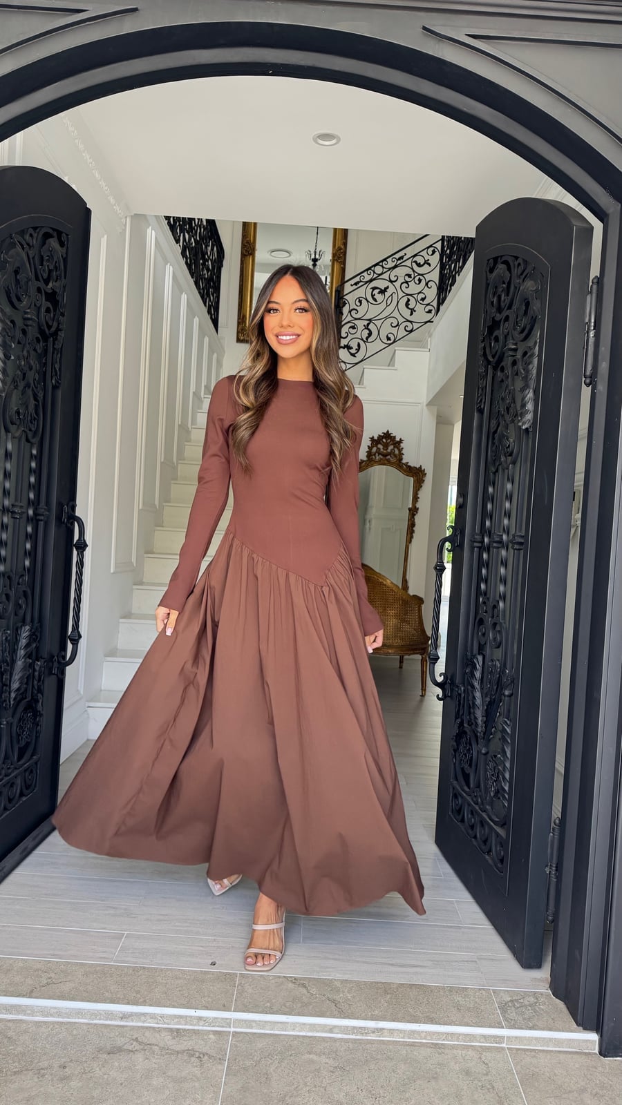 Brown Long Sleeve Maxi Dress with Asymmetrical Skirt — Aesthetic Modest Dresses