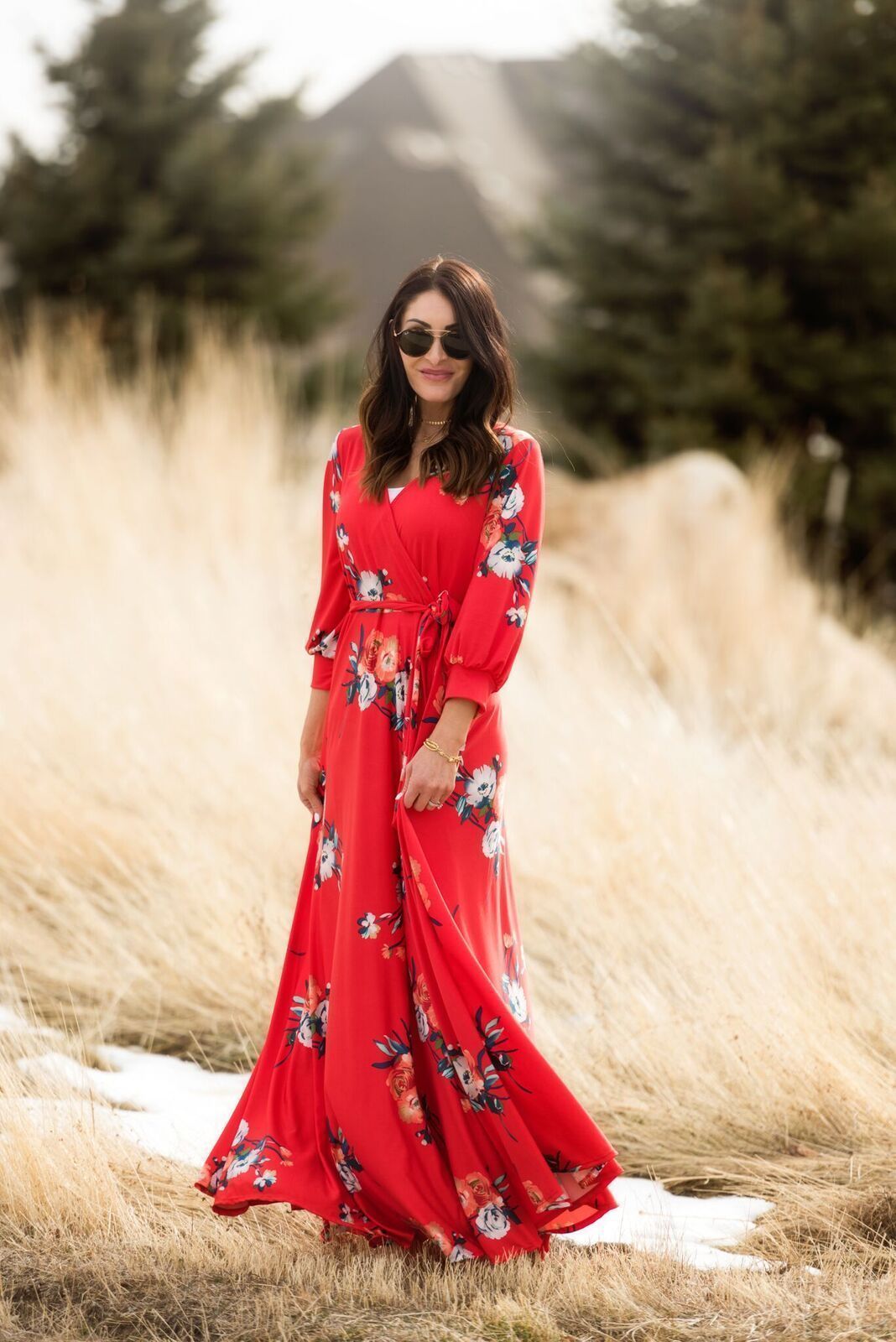 Red Floral Print Maxi Wrap Dress — Aesthetic Modest Dresses