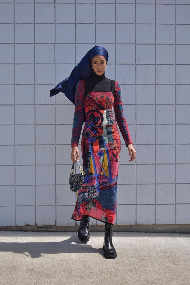 Abstract Print Long Sleeve Midi Dress with Turtleneck — Aesthetic Modest Dresses