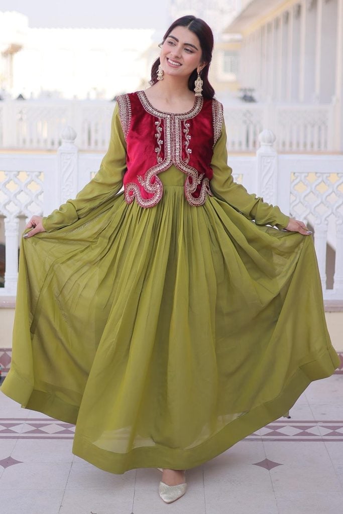 Olive Green Maxi Dress with Embroidered Velvet Vest — Aesthetic Modest Dresses