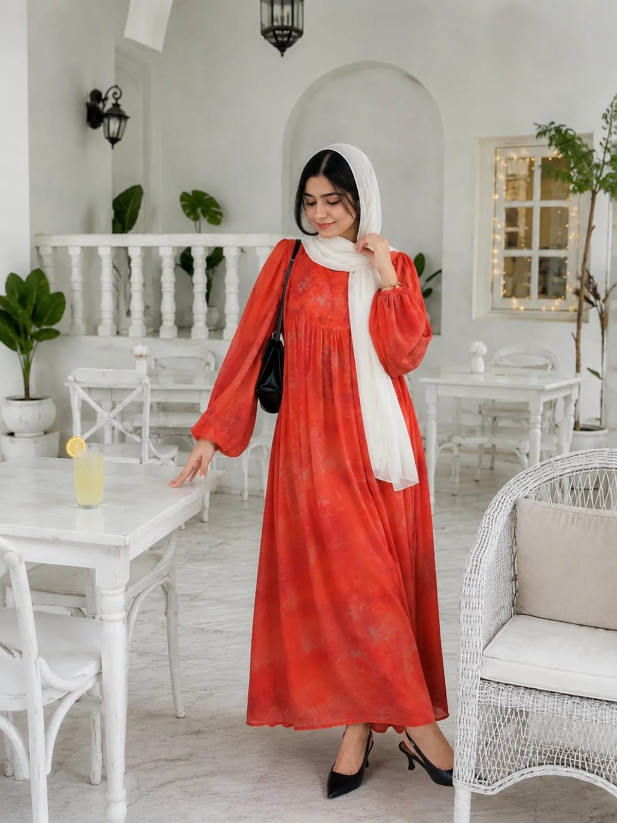 Red Floral Print Maxi Dress with Voluminous Sleeves, Chiffon — Aesthetic Modest Dresses