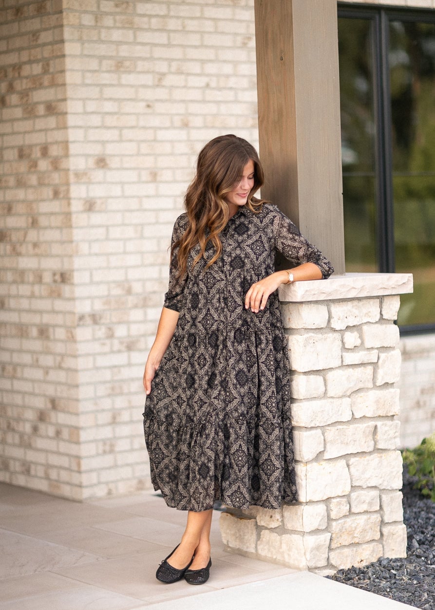 Black and Beige Printed Tiered Dress — Aesthetic Modest Dresses