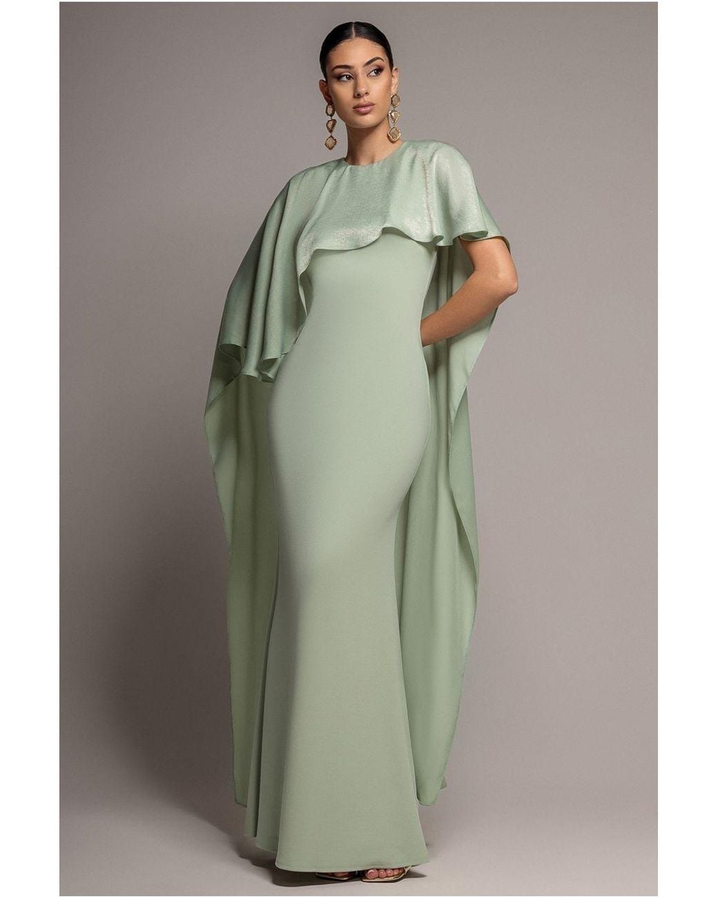 Sage Green Satin Column Maxi Dress with Cape Sleeves — Aesthetic Modest Dresses