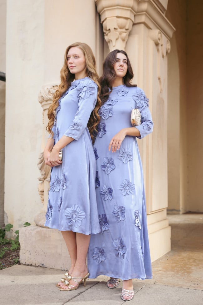 Periwinkle Blue Satin Midi Dress with 3D Floral Appliques — Aesthetic Modest Dresses