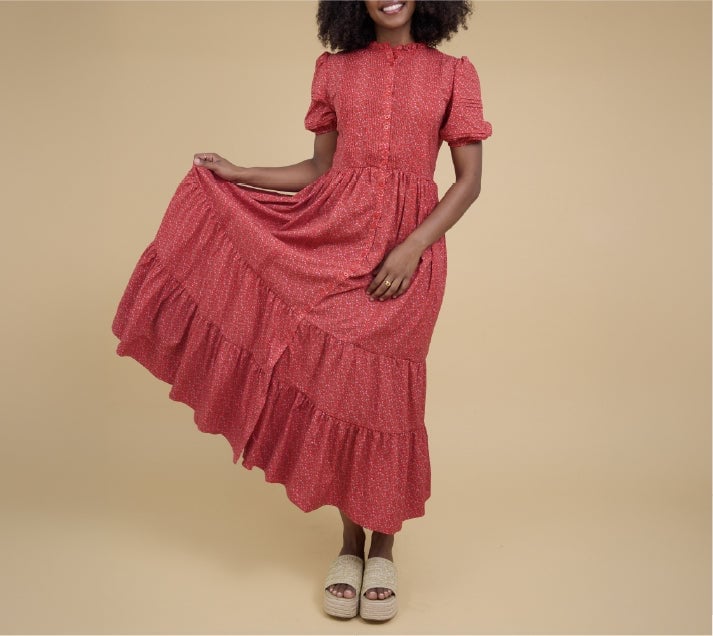 Red Floral Print Midi Dress with Tiered Skirt — Aesthetic Modest Dresses