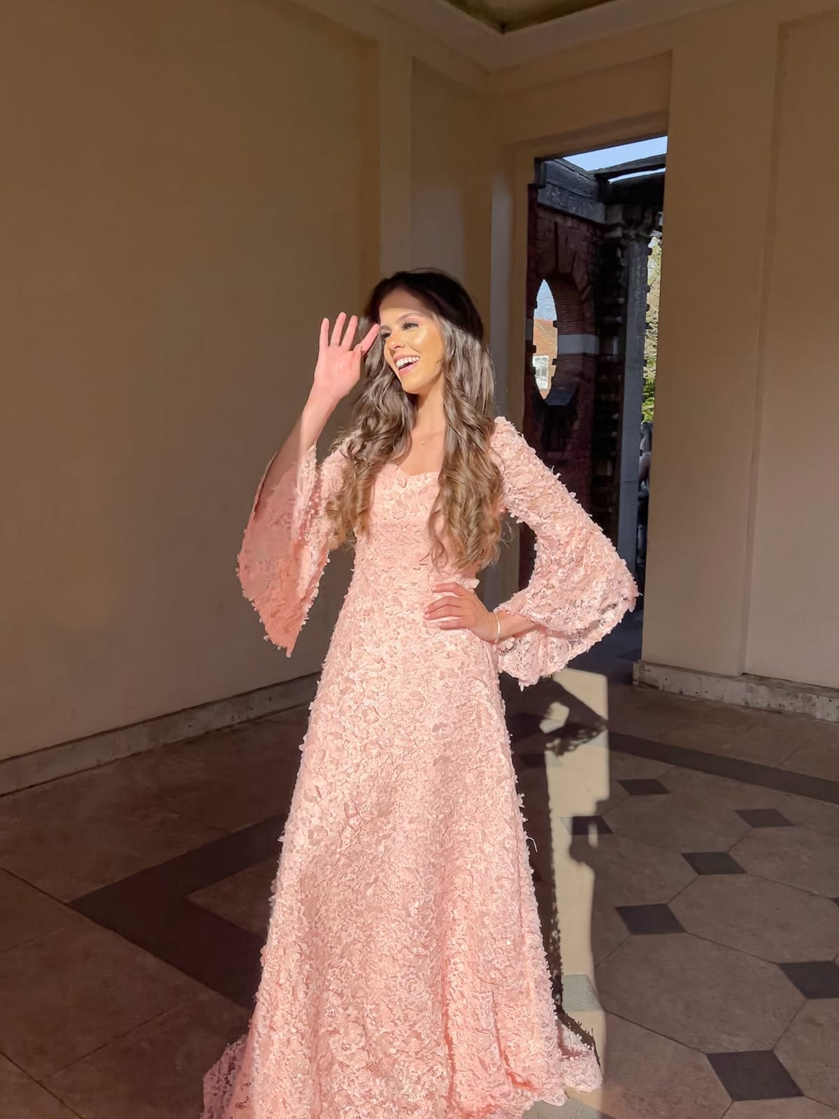 Light Pink Lace Maxi Dress with Bell Sleeves — Aesthetic Modest Dresses