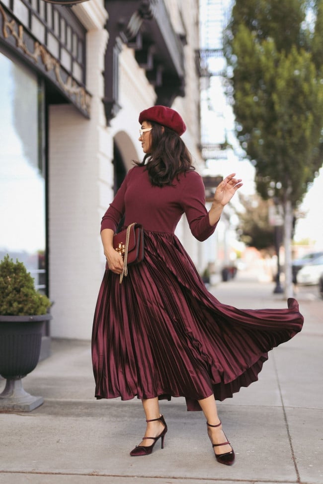 Deep Red Pleated Midi Dress with Fitted Bodice — Aesthetic Modest Dresses