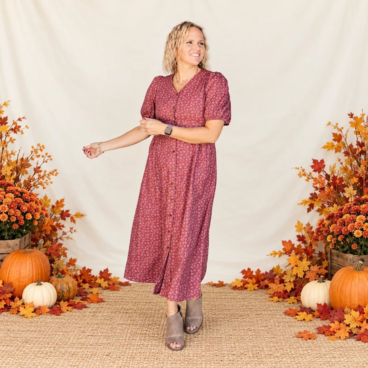 Burgundy Button-Front Midi Dress — Aesthetic Modest Dresses