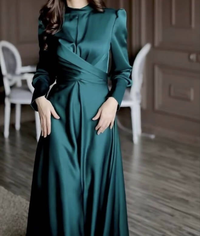 Dark Green Satin Gown with Draped Neckline — Aesthetic Modest Dresses