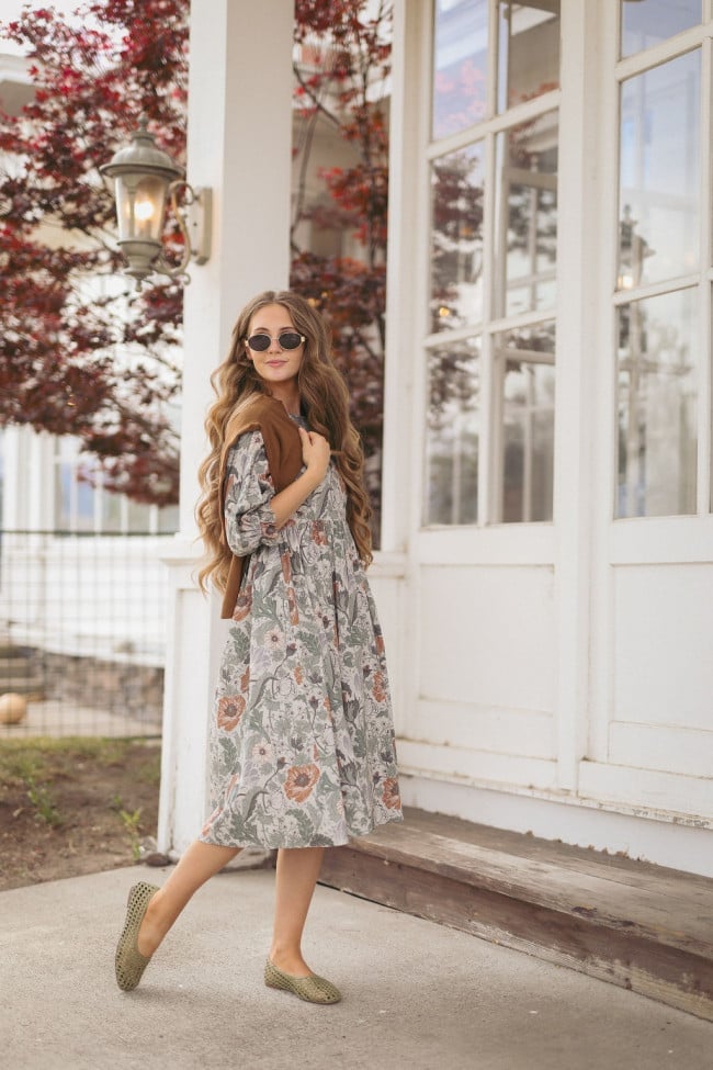 Grey Green Orange Printed Dress with Draped Cardigan — Aesthetic Modest Dresses