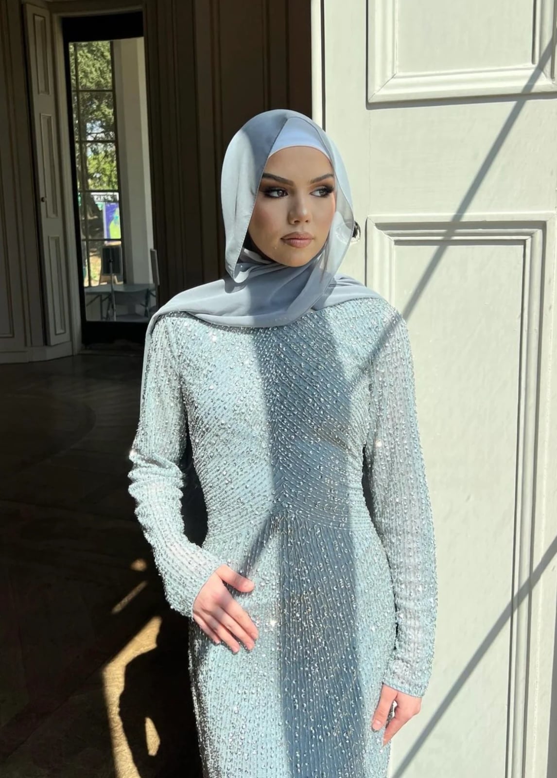 Light Blue Sequined Long Sleeve Dress with Hijab — Aesthetic Modest Dresses