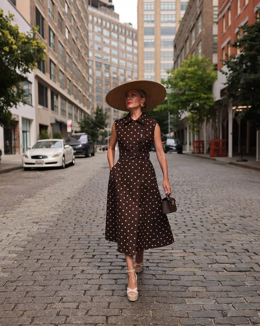 Brown Polka Dot Midi Dress with Belt — Aesthetic Modest Dresses