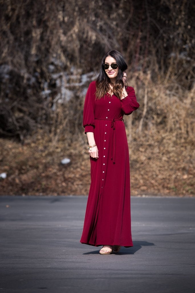 Deep Red Flowy Maxi Dress with Button Front — Aesthetic Modest Dresses