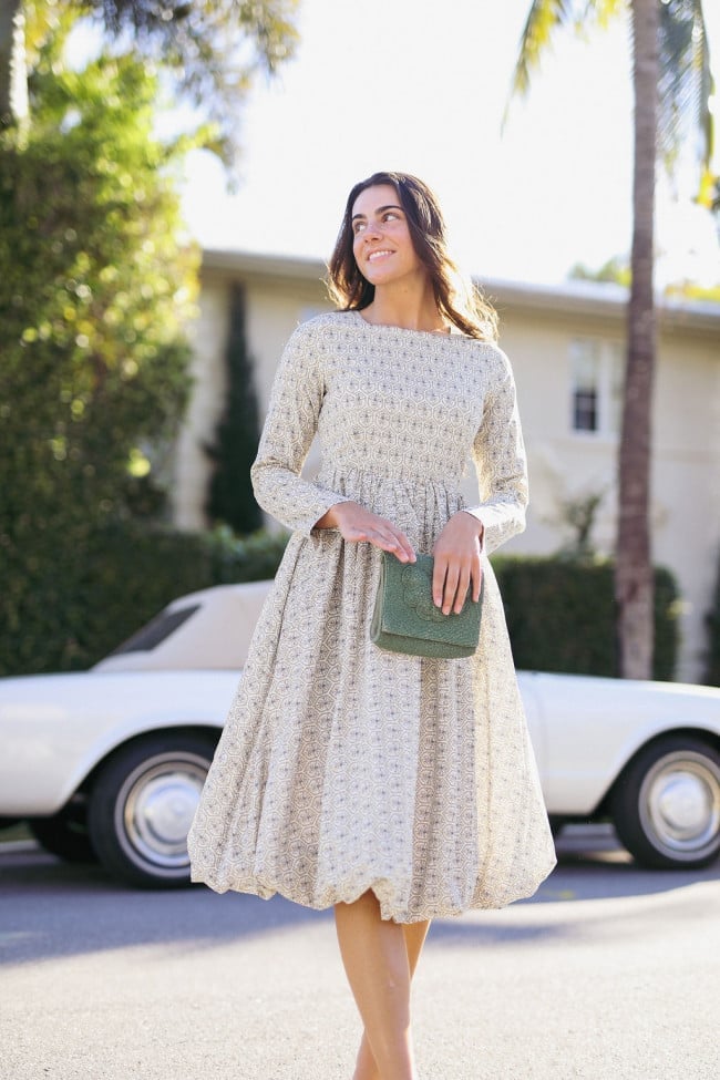 Cream Printed Long-Sleeved Midi Dress with Gathered Skirt — Aesthetic Modest Dresses