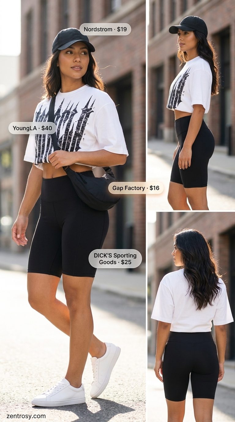 Sporty Spice Outfit Inspo Summer 2026 Sporty spice outfit inspo summer for women 2026: Graphic tee, biker shorts, sneakers, crossbody bag, baseball cap.