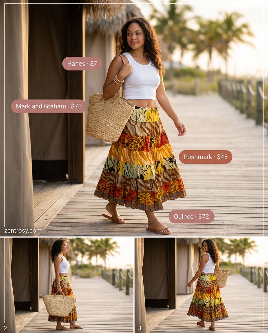 Boho Beach Maxi Outfit Inspo Summer 2026 Boho beach maxi outfit inspo summer for women 2026: Printed maxi skirt, ribbed crop top, straw tote, slide sandals.
