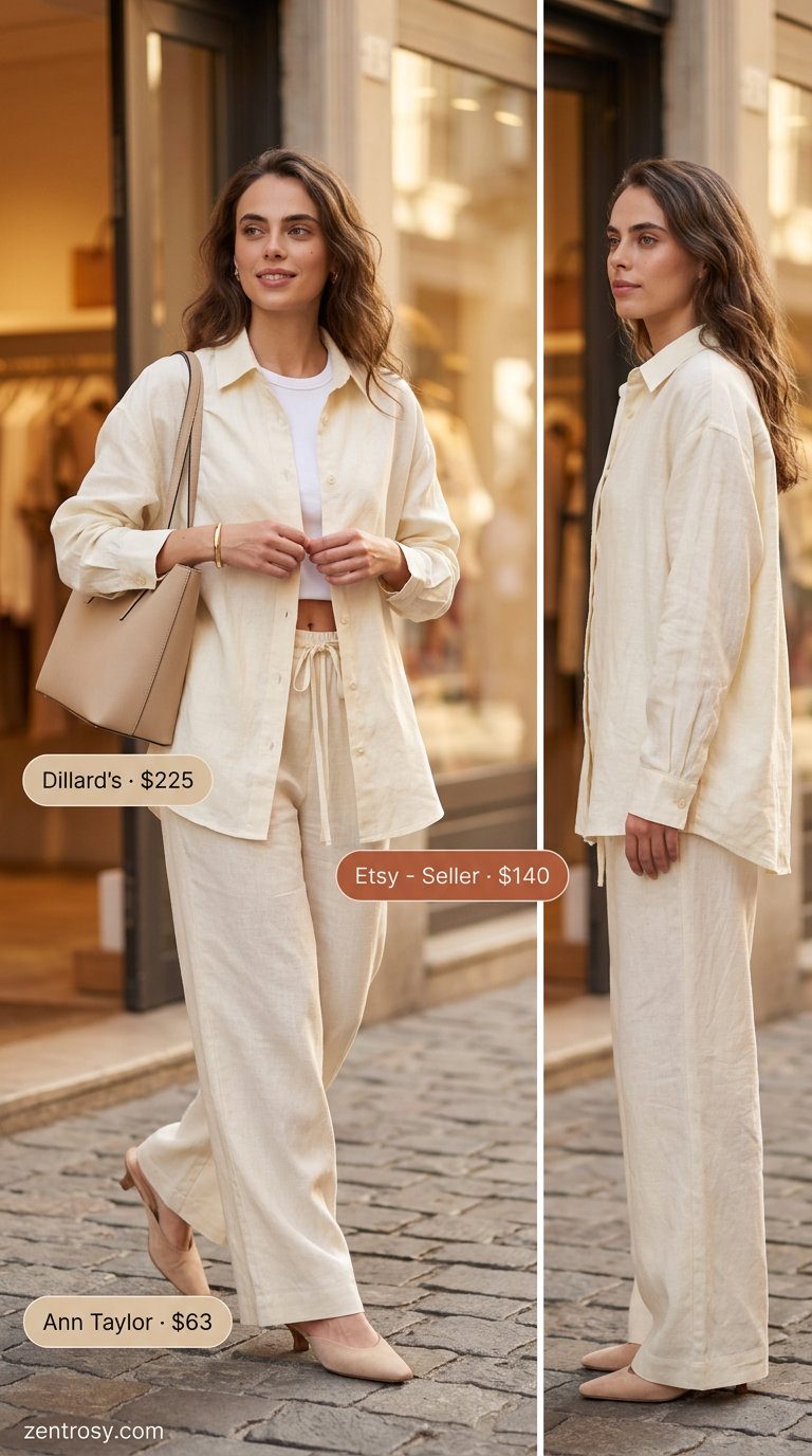 Ivory Linen Co-ord | Travel & Casual Chic 2026 Ivory linen co-ord for travel or smart casual. Aesthetic outfit inspo summer for women 2026.