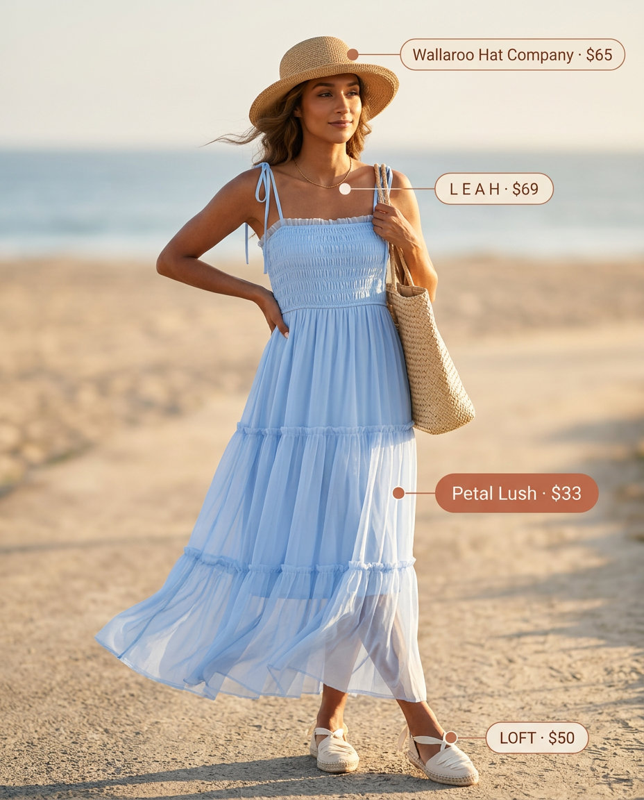 Sky Blue Maxi Dress | Beach Day Style 2026 Sky blue maxi dress for beach day. Aesthetic outfit inspo summer for women 2026.