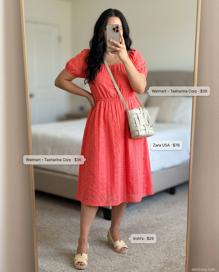 Summer Dress Outfit Inspo 2026 Coral midi dress outfit inspo summer for women 2026, perfect for a dinner date or casual wedding guest.