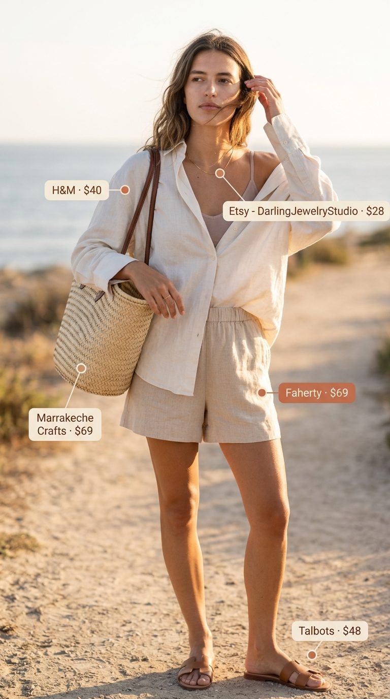 Coastal Linen Shorts Inspo 2026 Cream linen shorts outfit inspo summer for women 2026, perfect for seaside strolls and beach brunch.