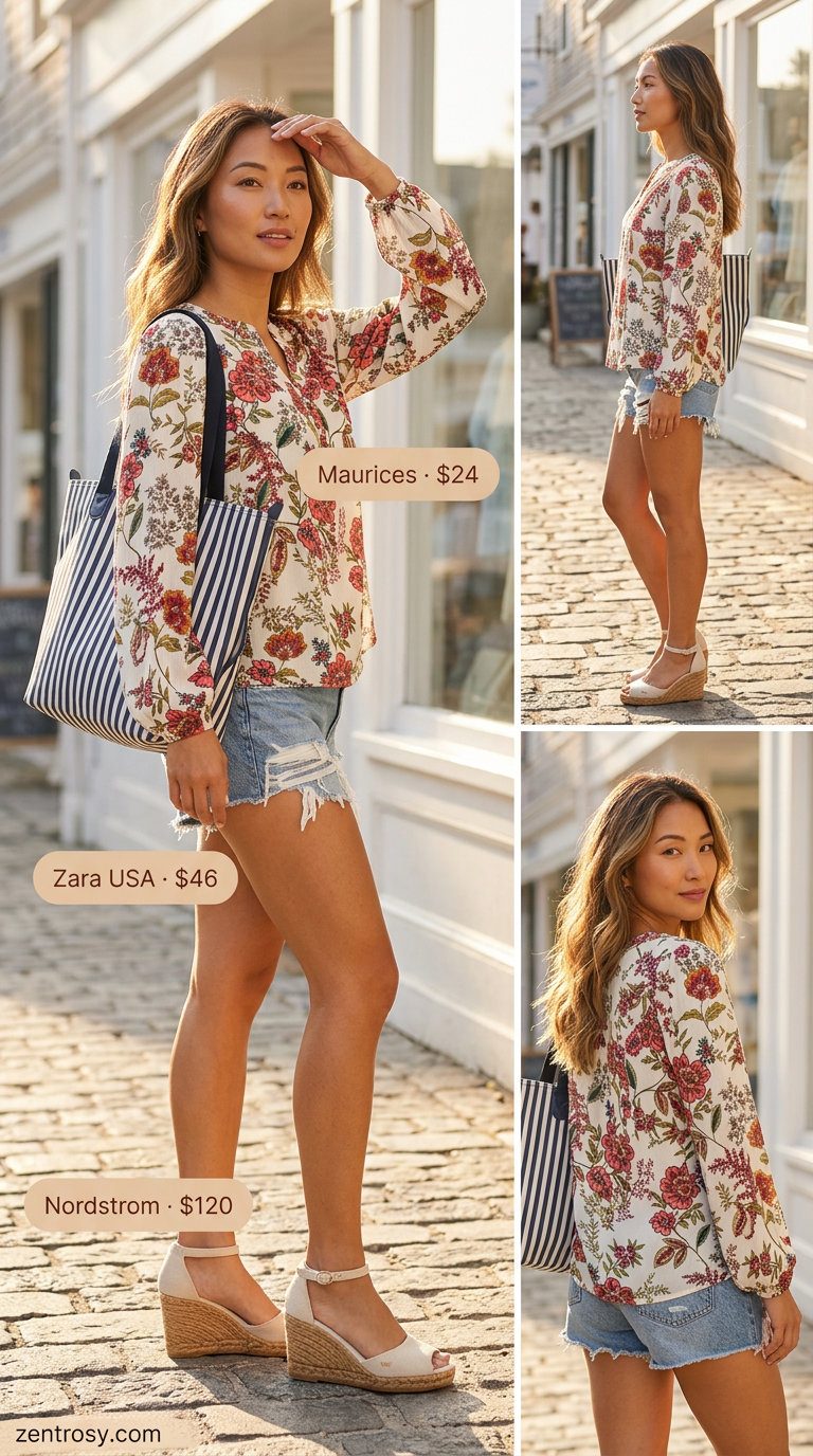Weekend Explorer Shorts Outfit Inspo Summer 2026 Weekend explorer shorts outfit inspo summer for women 2026: Floral peasant blouse, denim shorts, straw hat, tote bag, espadrilles.