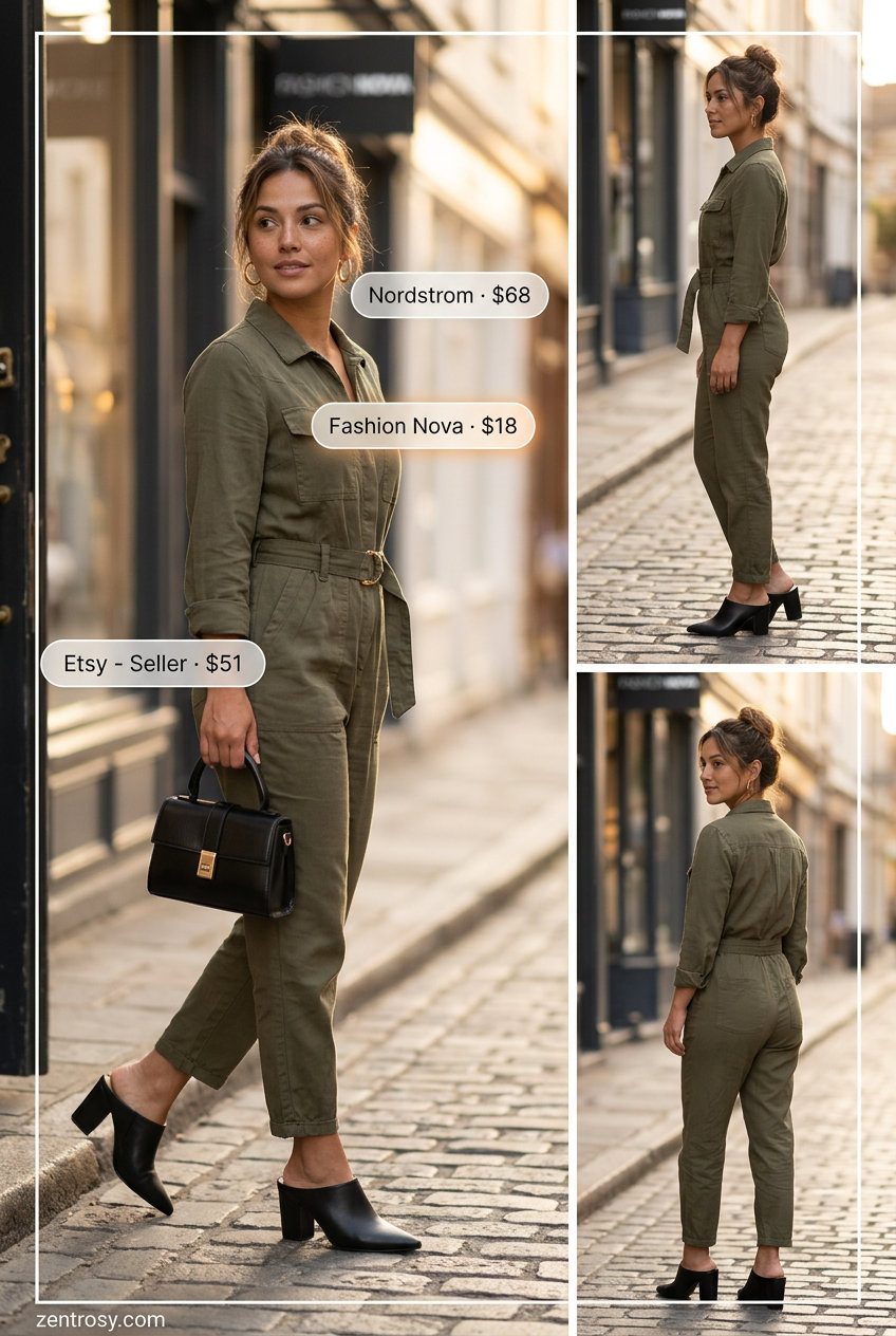 Olive Green Jumpsuit | Effortless Summer Day 2026 Olive green utility jumpsuit for casual day out. Aesthetic outfit inspo summer for women 2026.