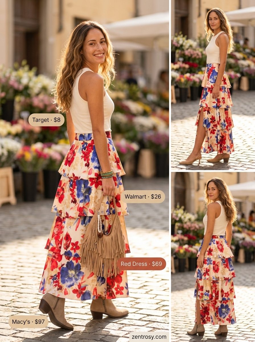 Bohemian Rhapsody Outfit Inspo Summer 2026 Bohemian rhapsody outfit inspo summer for women 2026: Floral maxi skirt, ribbed tank, suede bag, ankle boots, beaded bracelets.