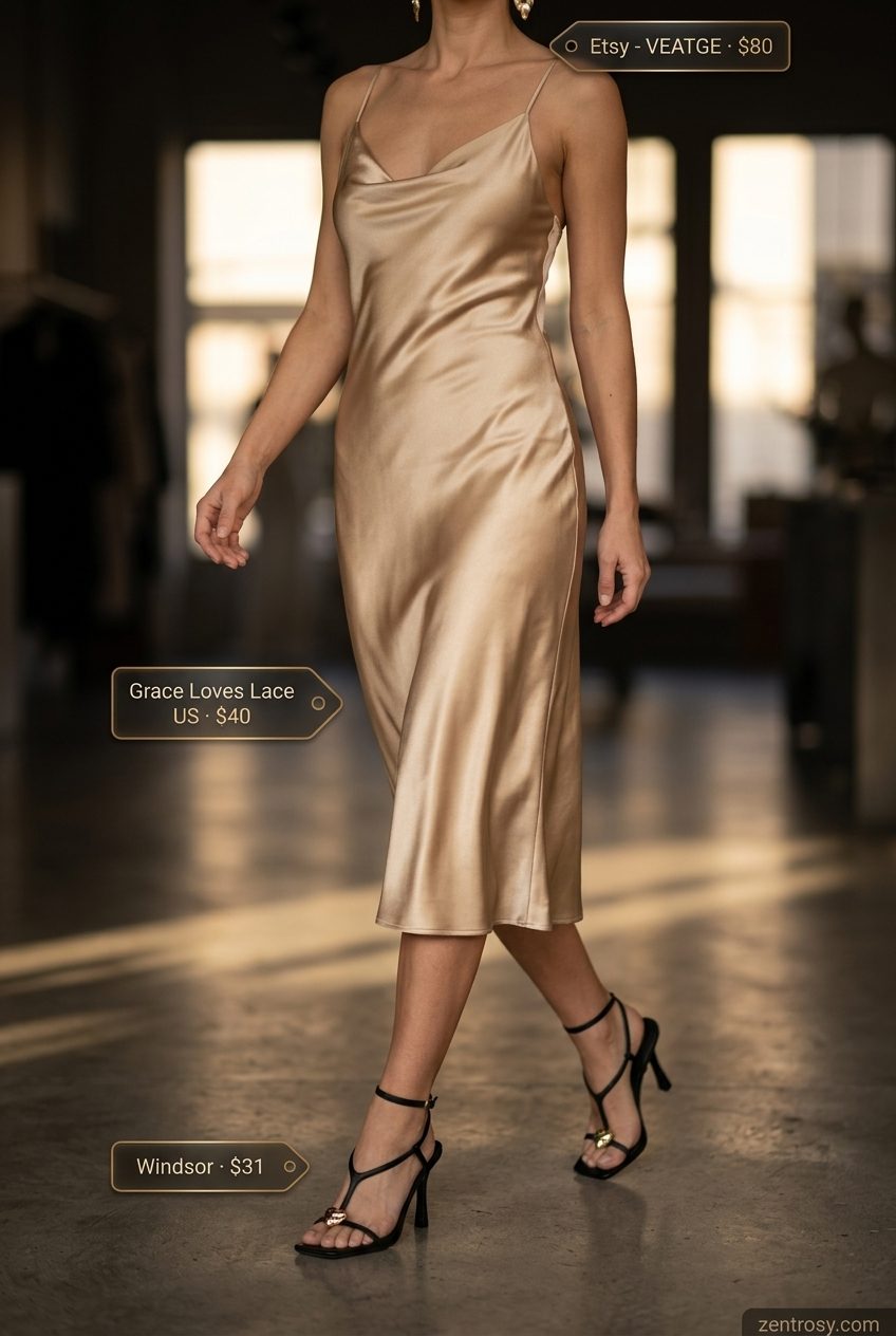 Glamorous Gold Dress Inspo 2026 Gold slip dress outfit inspo summer for women 2026, perfect for evening events and date nights.