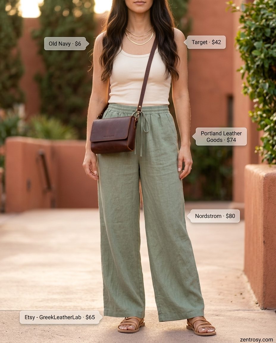 Sage Green Linen Pants | Summer Evening Chic 2026 Sage green linen pants outfit for summer evenings. Aesthetic outfit inspo summer for women 2026.