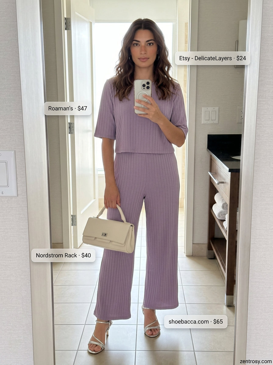 Monochromatic Muse Outfit Inspo Summer 2026 Monochromatic muse outfit inspo summer for women 2026: Lavender knit set, silver sandals, top-handle bag, hoop earrings.