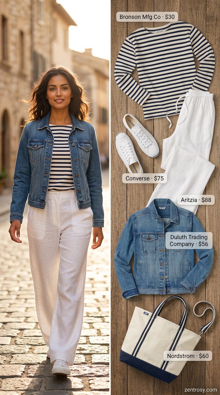 Coastal Breeze Outfit Inspo Summer 2026 Coastal breeze outfit inspo summer for women 2026: Linen pants, striped tee, denim jacket, canvas tote, sneakers.