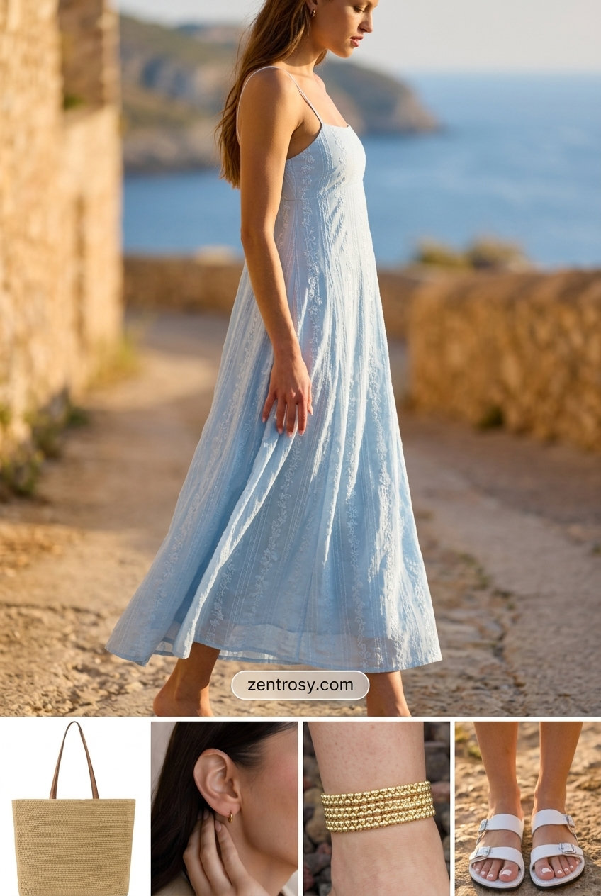 Mediterranean Maxi Dress Outfit Inspo Summer 2026 Mediterranean maxi dress outfit inspo summer for women 2026: Blue maxi dress, raffia tote, gold earrings, leather sandals.
