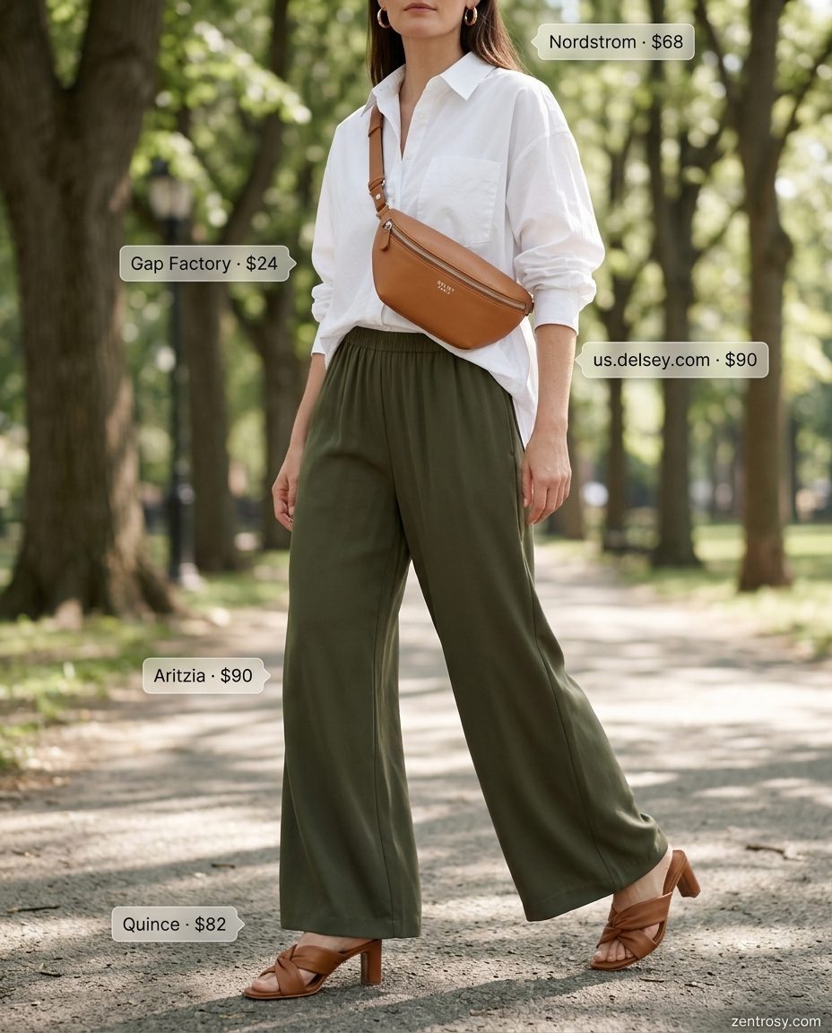 Chic Trousers Inspo 2026 Olive green trousers outfit inspo summer for women 2026, chic for daytime outings and casual work.