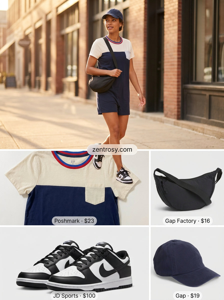 Retro Sporty Romper Outfit Inspo Summer 2026 Retro sporty romper outfit inspo summer for women 2026: Colorblock romper, crossbody bag, baseball cap, and sneakers.