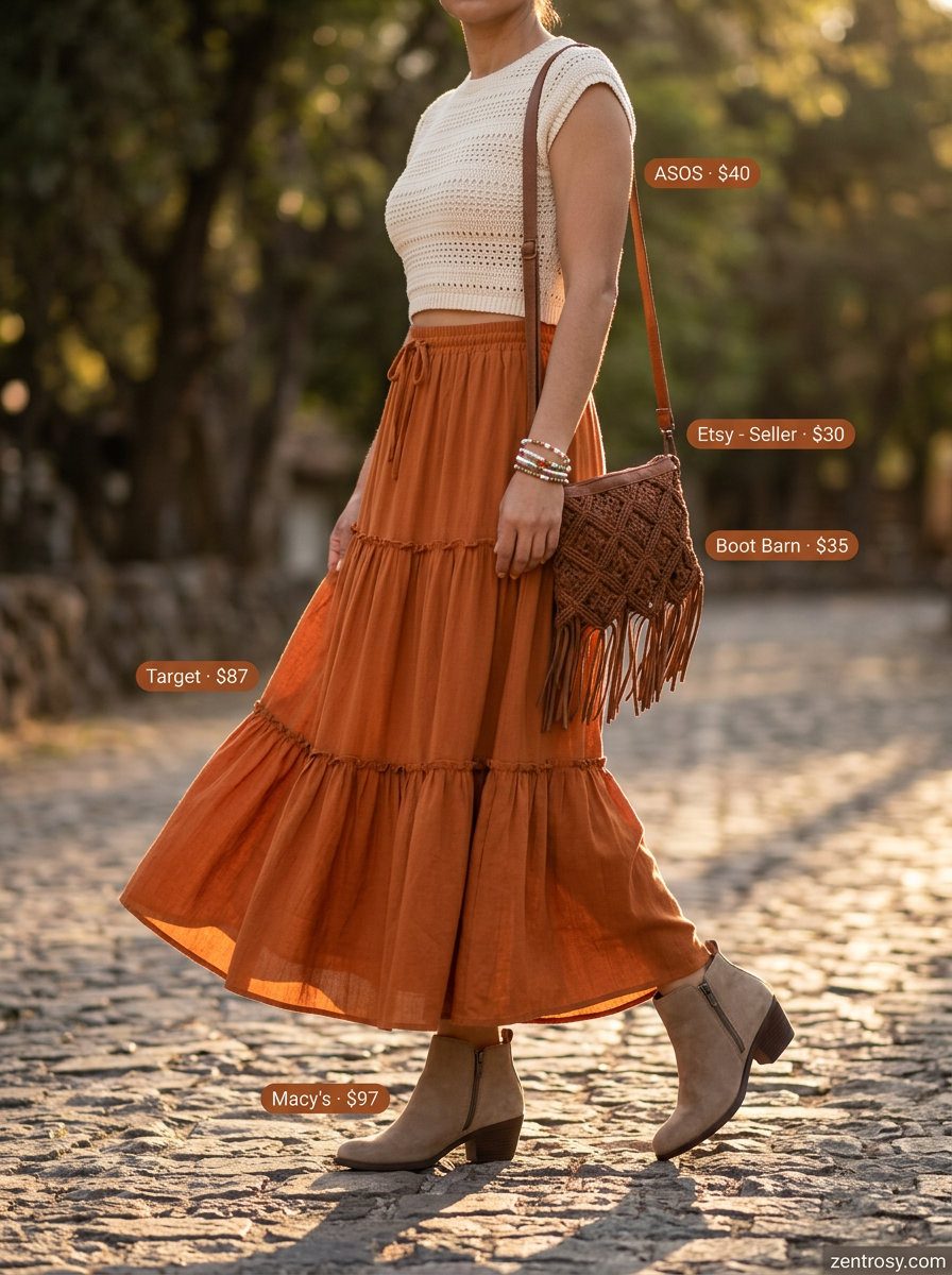 Terracotta Maxi Skirt | Festival Boho Style 2026 Terracotta tiered maxi skirt for festival wear. Aesthetic outfit inspo summer for women 2026.