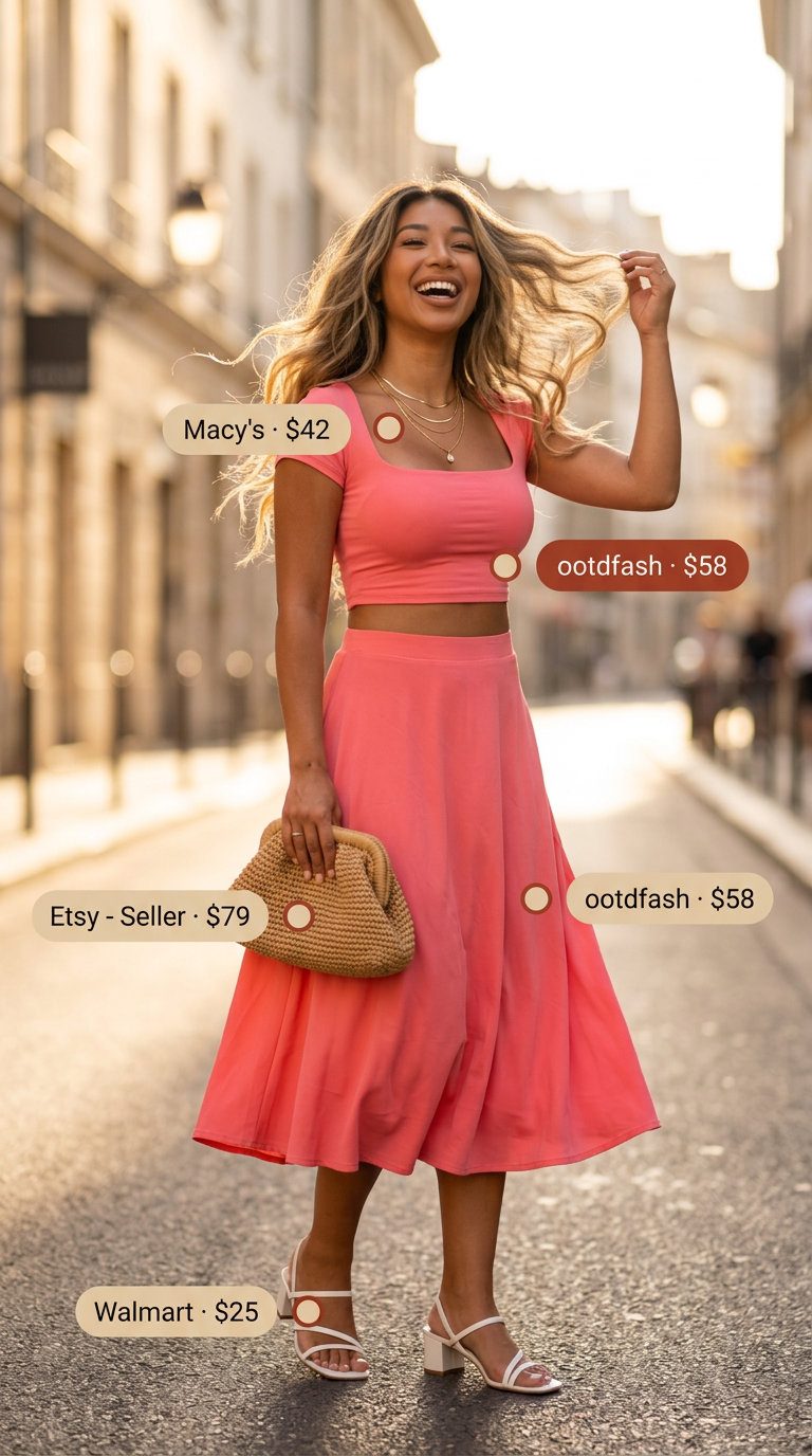 Coral Pink Matching Set | Summer Evening Out 2026 Coral pink matching set for summer evening out. Aesthetic outfit inspo summer for women 2026.