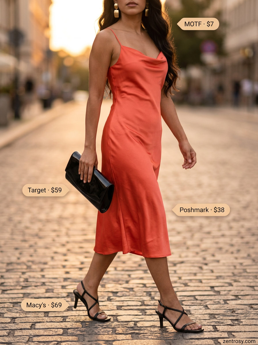 Coral Slip Dress | Summer Date Night Glam 2026 Coral slip dress for date night. Aesthetic outfit inspo summer for women 2026.