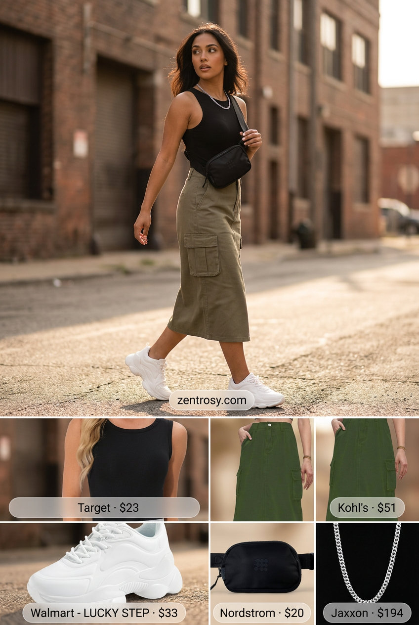 Khaki Cargo Skirt | Urban Explorer Style 2026 Khaki cargo midi skirt outfit for urban exploration. Aesthetic outfit inspo summer for women 2026.