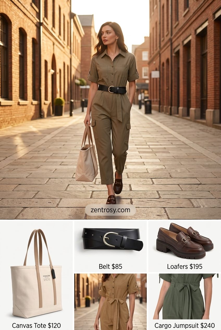 Chic Utility Jumpsuit Outfit Inspo Summer 2026 Chic utility jumpsuit outfit inspo summer for women 2026: Khaki jumpsuit, leather belt, canvas tote, chunky loafers.