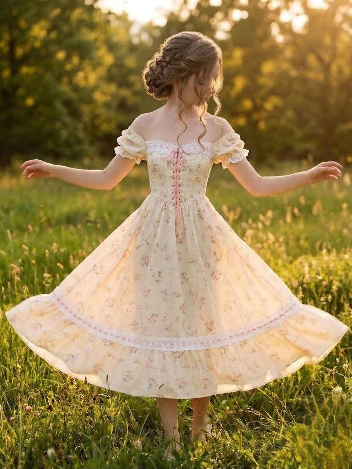 Pale Yellow Off-The-Shoulder Floral Print Midi Dress with Lace Trim — Aesthetic Pastel Dress