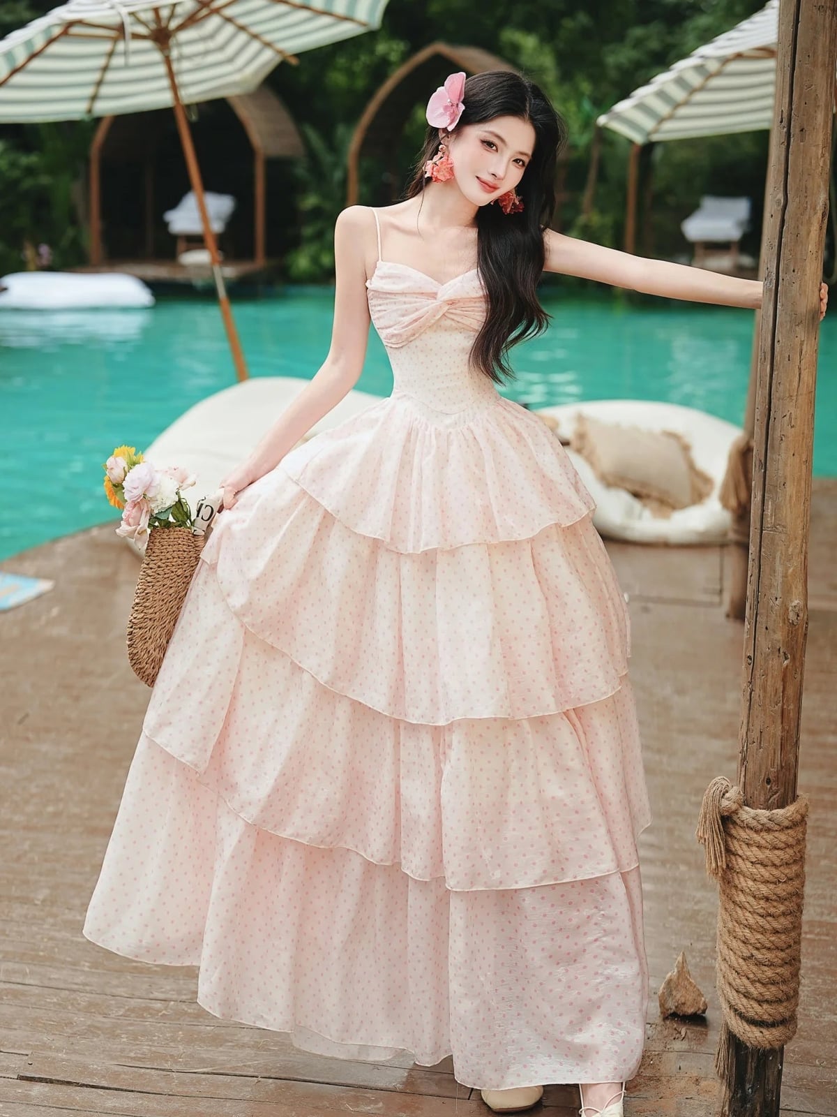 Pale Pink Polka Dot Tiered Ruffled Dress with Spaghetti Straps — Aesthetic Pastel Dress