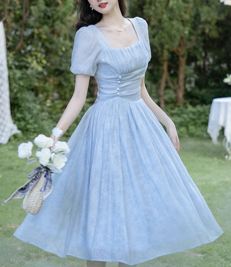 Light Blue Midi Dress with Square Neckline and Puff Sleeves — Aesthetic Pastel Dress