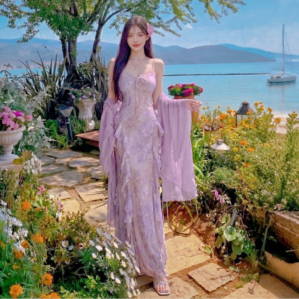 Pastel Floral Print Chiffon Maxi Dress with Sheer Wrap — Aesthetic Pastel Dress
