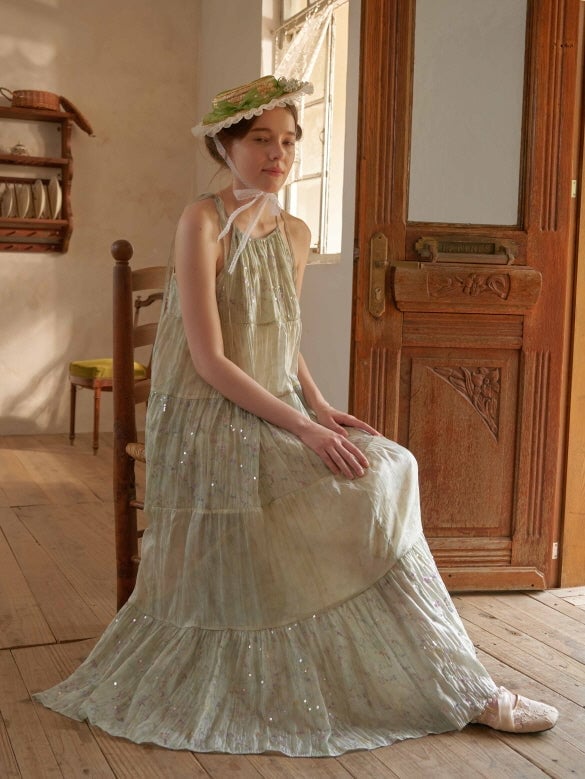 Pale Green Sheer Tiered Midi Dress with Sequin Details — Aesthetic Pastel Dress