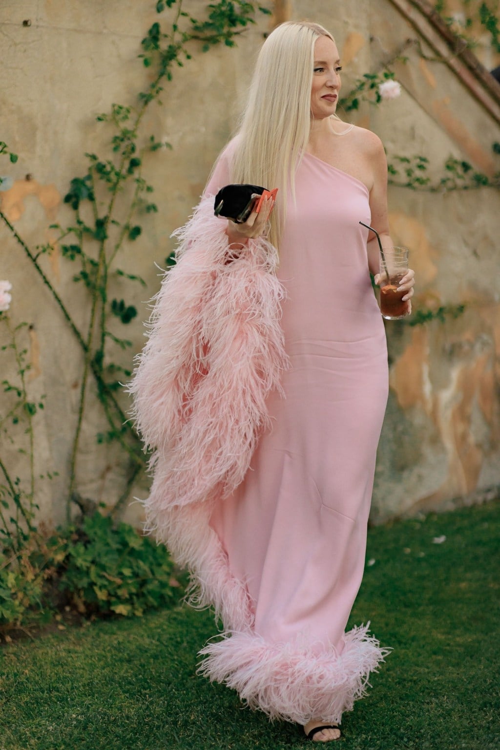 Pastel Pink One-Shoulder Column Dress with Feathered Boa — Aesthetic Pastel Dress