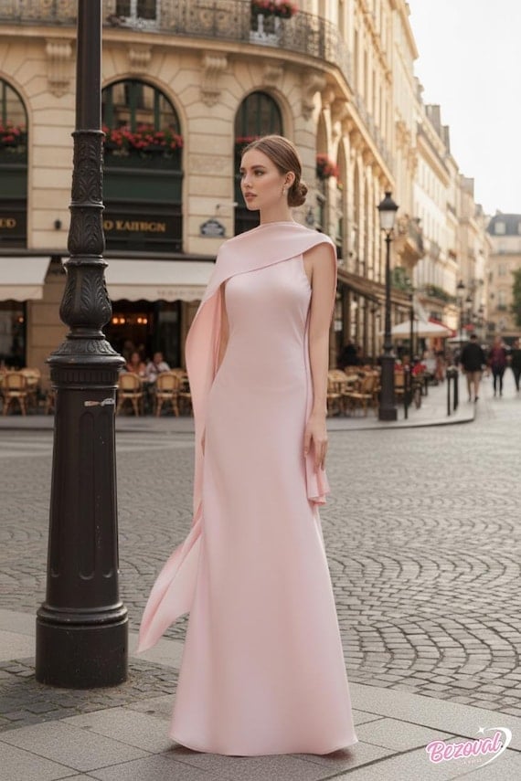 Flowing Silk Dress in Shades of Pink with Elegant Column Silhouette — Aesthetic Pastel Dress