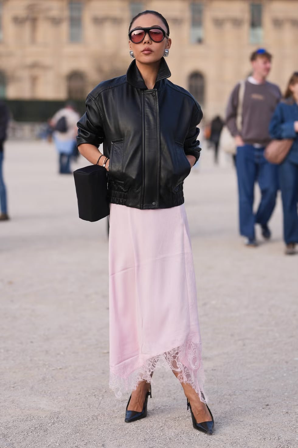 Pastel Pink Slip Dress with Lace Trim and Leather Jacket — Aesthetic Pastel Dress