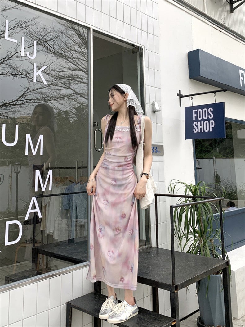 Pastel Floral Print Midi Dress with Lace Trim Neckline — Aesthetic Pastel Dress