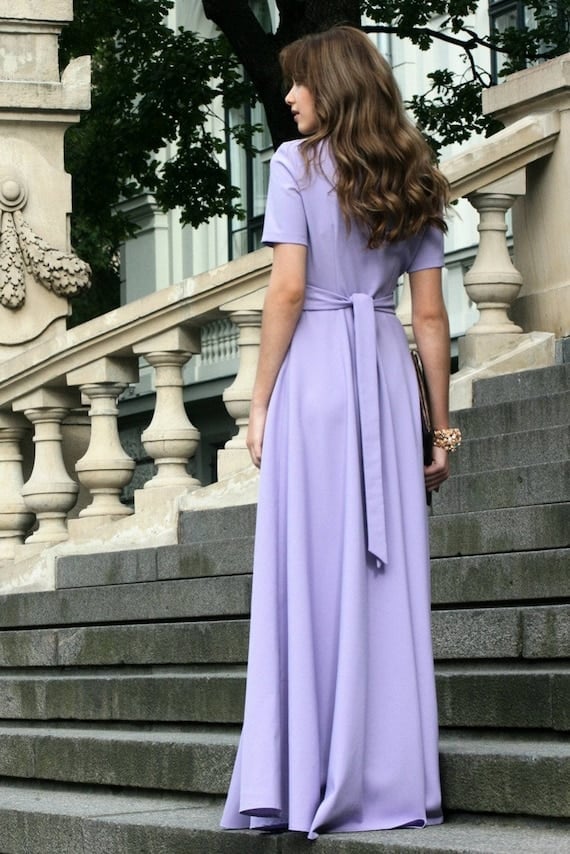Dusty Purple Crepe Maxi Dress with Tie Waist — Aesthetic Pastel Dress