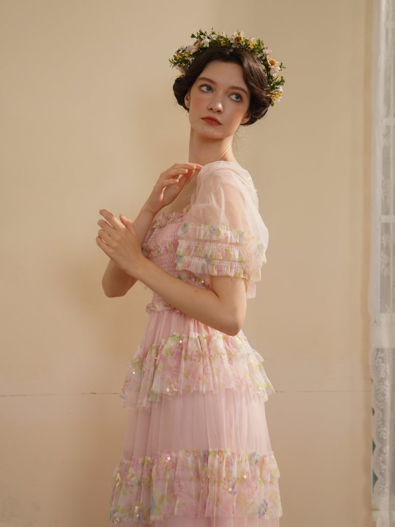 Pastel Pink Tiered Ruffled Midi Dress with Sequins — Aesthetic Pastel Dress